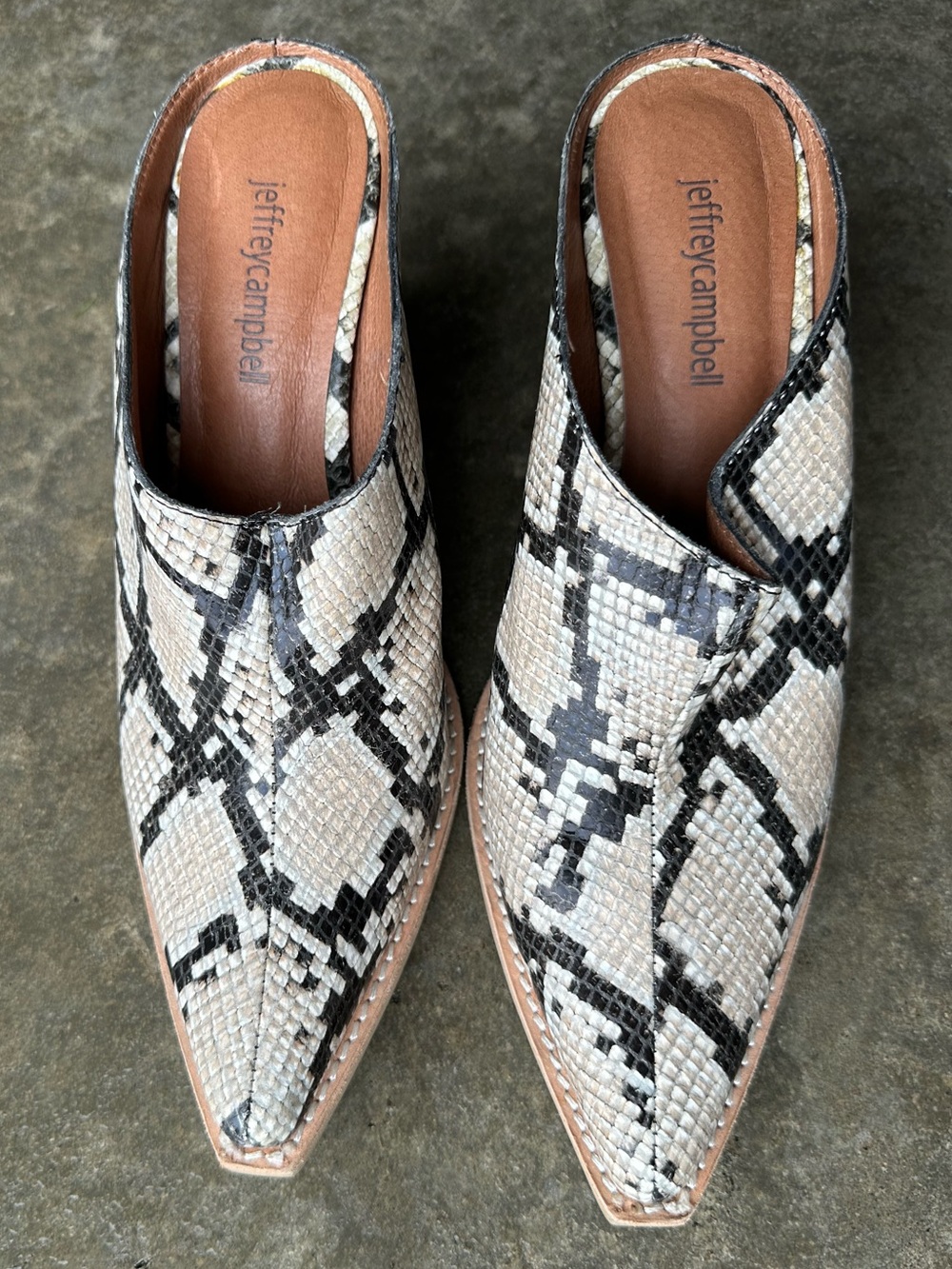 Jeffrey Campbell Snake-Print Pointed Slip-On Mules in Beige and Black